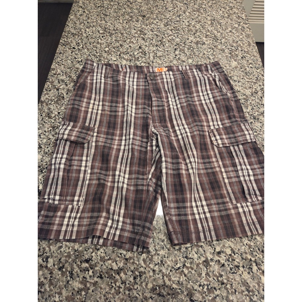 Michael Brandon Mens Plaid Cargo Shorts‎ Brown White Cotton Size 36 MXC0512